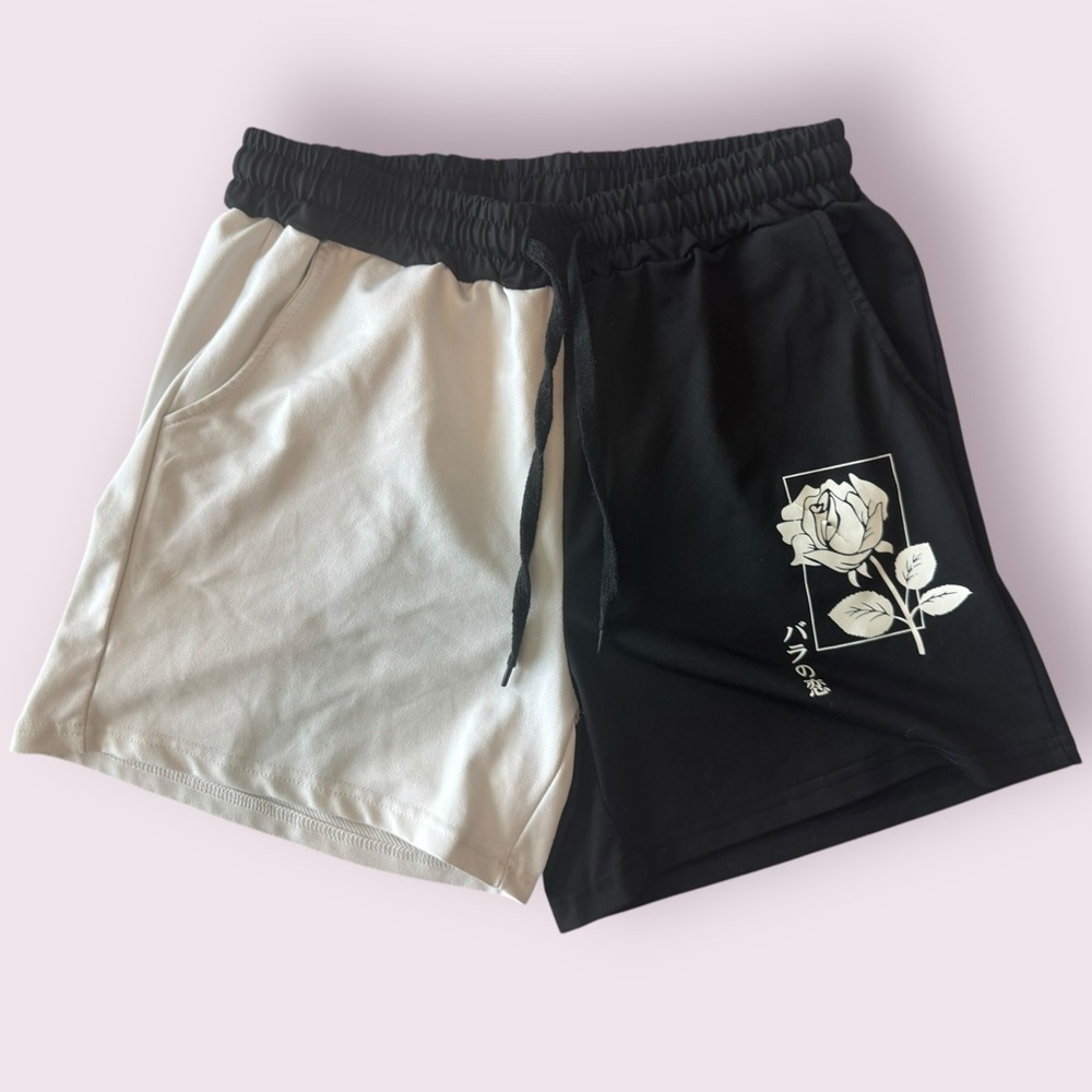 SHEIN Two Tone Rose Print Shorts Black White Streetwear Size S - Picture 3 of 6